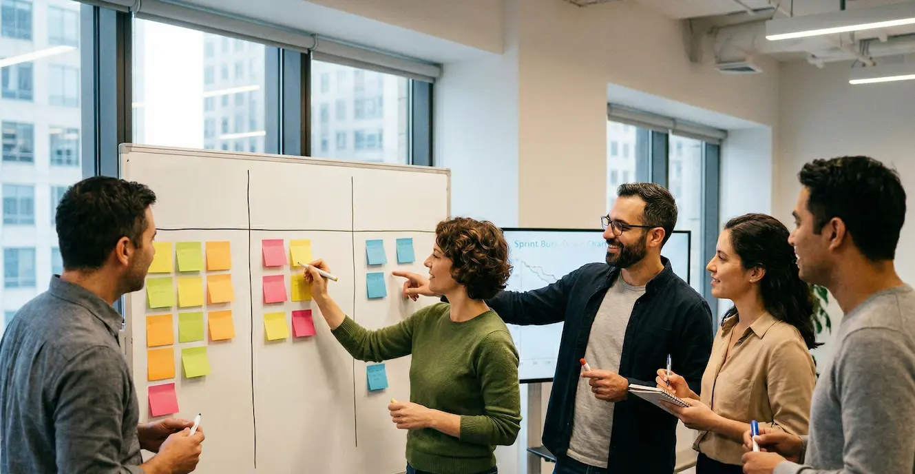 Team collaborating during a retrospective meeting