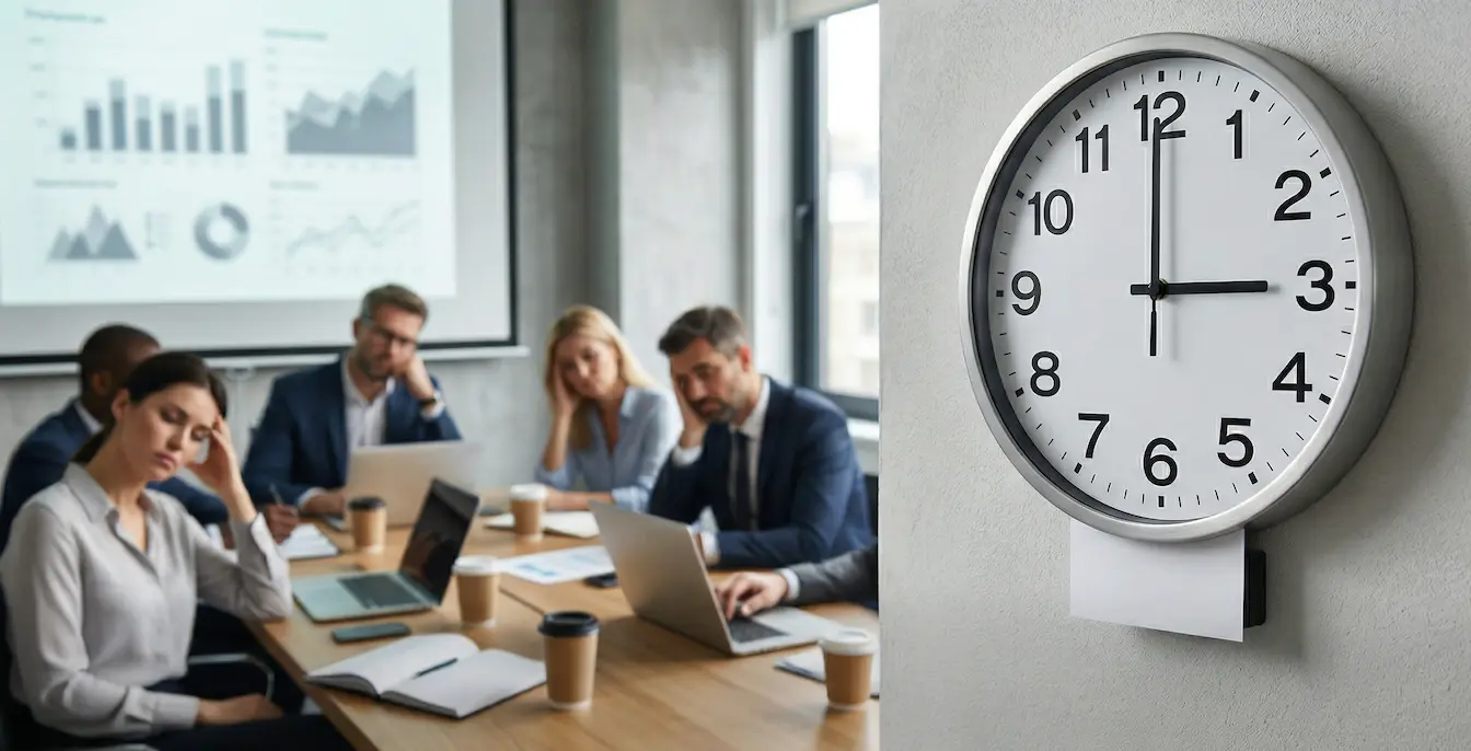 Clock showing a meeting running past its scheduled end time